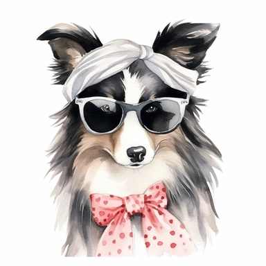 An adorable watercolor clipart of a Doggy Diva wearing a fashionable outfit, black and white Shetland Sheepdog