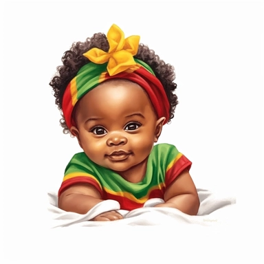 Cute Beautiful Red yellow green juneteenth Baby Girl Watercolor Clipart,Cartoon, hyper realistic, intricate detail, illustration style,high solution,on the white background