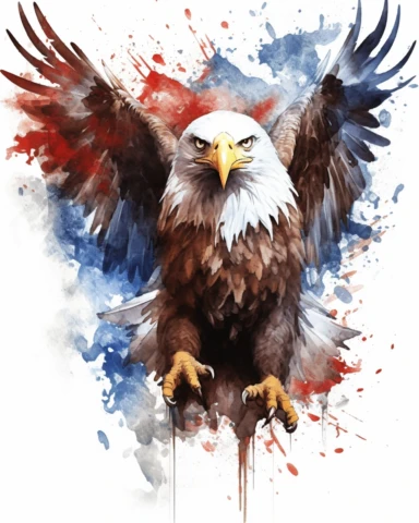 Watercolor American eagle, American Flag, double exposure, integrated, red white and blue, unreal engine, splashed, clipart, white background
