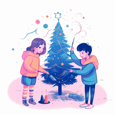 cute girl and boy decorates the Christmas tree,winter day, snowflakes, happy new year, children storybook illustration. 2d, vibrant luminous colors, flat style, ink Lines, clipart, white empty background, sharp, high resolution, blue pink orange warm