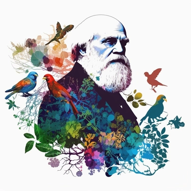 Charles Darwin, clipart, marvel illustration, vector, birds, plants, multicolor shapes, white background