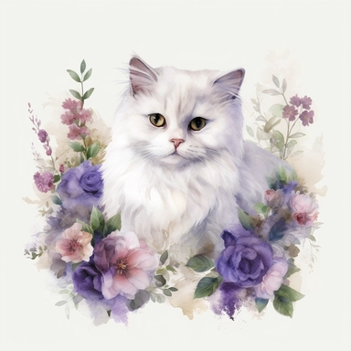 white fluffy cat with purple roses, lavender, pansies flowers, clipart pastel, style is watercolor, isolated, white background, soft face, Adorable, Charming , Endearing , fluffy, Furry, Gentle, innocent Playful, Precious, soft, Sweet, Tender, Whimsical, 4k