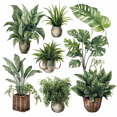 BOSTON FERN, DWARF DATE PALM, SPIDER PLANT, CHINESE EVERGREEN, DEVIL’S IVY, BROADLEAF LADY PALM, PEACE LILY, BARBERTON DAISY, watercolor, Object, vector collection, clipart, 8k, white background.