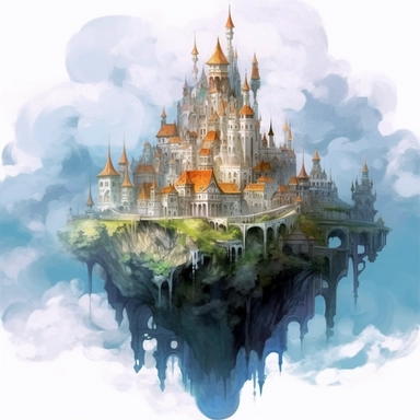 magical ethreal foating city , Takehisa Yumeji's art style, glowing ,watercolour, clipart, isolated clipart, white background