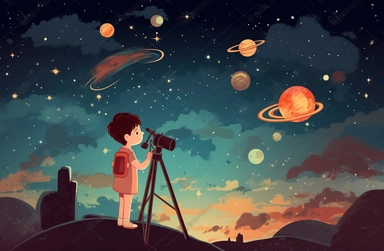 a young boy is looking at stars through telescope and star illustration, in the style of light red and sky-blue, playful animation, clipart, iso 200, engineering/construction and design, large-scale murals, #screenshotsaturday