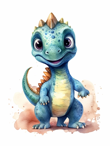 nursery wall art print of full body happy baby dinosaur with sparking eyes and dark grey skin in watercolor, cartoon style, isolated on white background, sharp border, clipart