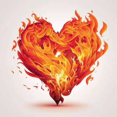 Create a vector illustration of a heart engulfed in flames, with the heart shape clearly visible and the flames adding a sense of passion or intensity on a solid white background, clipart, vector illustrator.