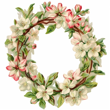 Vintage 1920 Apple Blossom Oval Floral Wreath Illustration, Chromolithograph, Die Cut, 1920s Illustration, Vintage, Chromolithograph, Colorful, Antique, Ephemera, Clipart, 8k, Isolated on white