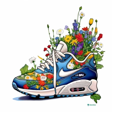 nike air max, with wildflowers growing on and around the shoe, cartoon illustration, airbrush art style, realism, clipart, white background
