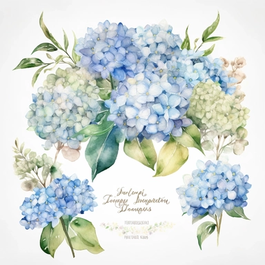 Create a stunning collection of ultra-detailed Watercolor Hydrangea Clipart, highlighting the delicate beauty of blue hydrangeas. Each clipart element should showcase the intricate details and realistic hues of these beloved flowers. Design the clipart set with a focus on versatility, allowing for seamless integration into a variety of projects, such as wedding invitations, stationery, and floral-themed designs. The watercolor technique should bring a soft and ethereal quality to the clipart, wi