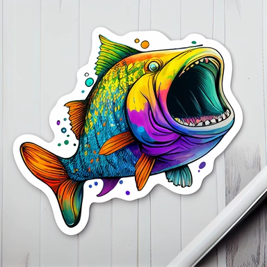 happy colorful big fish with a beautiful smile watching on a big hook and show with eyes that everyone is crazy, CLIPART sticker set, watercolor, ink, ultra-detailed, cartoon style, white background, black outside lines –testp,