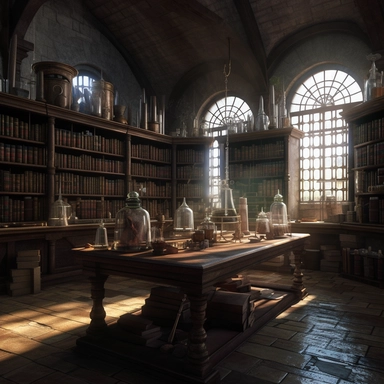 A wizard's library/laboratory is an impressive space that appears to blend academic knowledge with magic. The room is surrounded by tall dark wood shelves containing numerous old books and glass bottles filled with potions. The space is well-lit by high, narrow windows that allow natural light to enter. In the center of the room, there is a large sturdy table filled with scientific equipment such as microscopes, test tubes, and pipettes, along with magical ingredients such as bat wings and unico