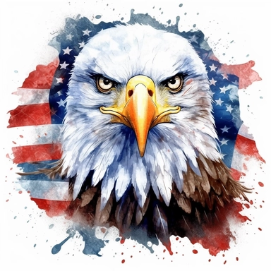 Patriot Eagle American Flag For 4th Of July Watercolor Sublimation Clipart, Cartoon, hyper realistic, intricate detail, illustration style, high solution, on the white background, no watermark