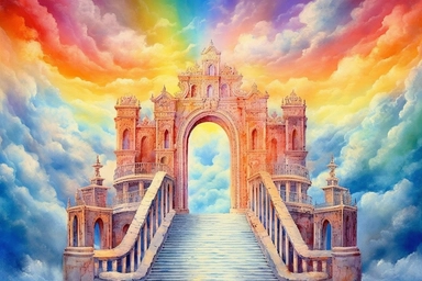 painting of a long rainbow bridge stretching towards the gates of heaven. The doors to heaven are opening, revealing a colourful and vibrant sky filled with fluffy, rainbow color clouds and beautiful angels, watercolor clipart, fairy tale theme, magical fantasy dreamy style, isolated on white background, hd, no text, no human,