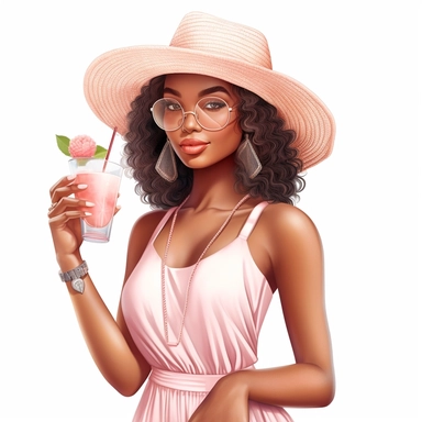 Beautiful pretty black girl wearing summer hat clipart, holding a drink, pink outfit, highly detailed, 8k, white background