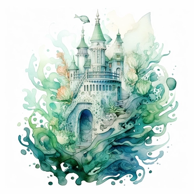 watercolor ocean arquitecture, atlantis arquitecture, in the style of anna dittmann, green and aquamarine, detailed painting, detailed illustrations, fluid, watery, semi submerged, transparent/translucent medium, isoleted on white background, seashells, clipart , symbolic elements, tinycore, stone, fantasy-based, isoleted on white background, clipart