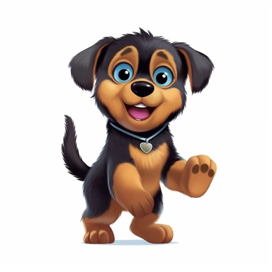 single isolated asset, cute happy Rottweiler puppy dancing, front view, chibi style, watercolor, professional vector clipart, white background