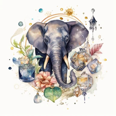 Watercolor clipart, Gems, crystals. Abstract elephant with space inside, galaxy, stars, detailed human heart. ornamental watercolour of a gears, studio light, quill pen. Ink splatter. A still life of broken glass, in the style of Jan van Huysum’s paintings, with a lush arrangement of plant life from africa, surrounded by delicate gold. Minimal design, symmetrical, line, dots. White background. Twisted realisty, surreal still life, dreamlike. Deep rich colour, detailed. In a compass shaped cricle