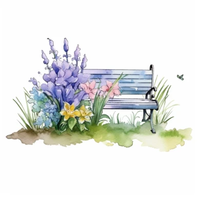 clipart, isolated on white background, Watercolor Spring beautiful ornated metal bench, flowers and grass and plants, ornated, pastel colors