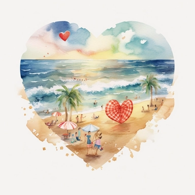 Heart beach, retro beach, beach heart, sunshine, watercolor beach heart clipart, hd, on white background, spaced out ar 3:2-- s1000