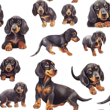a dozen of puppies, puppies, baby dogs, Teckel black clipart, original hand drawing, watercolor, understated and flawless for t shirt and cup printing, happy cute smily Teckel Hound , transparent background, realistic painting, portrait without writing , style of the artwork, mood of the aartwork, vector, contour , white background, 8K quality, ultra detailed , without signature and without meaningless lines, clipart, white background, High Quality, no writting background, no writting, ultra det