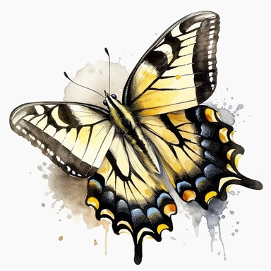 Create clean watercolour clipart of the Tiger Swallowtail butterfly with its distinctive yellow and black striped wings and delicate markings, in HD and vibrant colors on a white background.