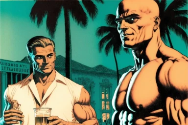 letraset clipart of handsome 40 year old men drinking a martini near a vintage, muscular man in palm springs at night, 1960's, happy, palm trees, mid century building, pool