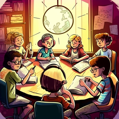 a grade 3 classroom, students are working in groups, one group is reading a book, one group is writing with pencil and paper, one group is having a discussion, the teacher is circulating around the groups, students are happy, no technology in the room, bright classroom, clipart