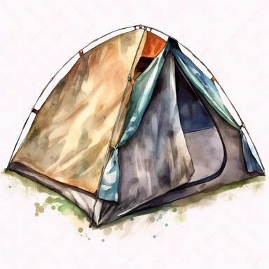watercolor, Tent - Clip art of a tent or camping shelter. png Full body realistic cartoon in 32K UHD cute. 15 cm thick outline. Black color. There was no shadow on the ground. 8k with realistic watercolors and detailed illustrations. PNG clipart, transparent white background
