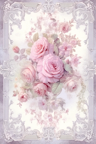 Vintage shabby damask clipart vignette with delicate floral patterns along the sides and corners of the image, small cute bright oil painting vignette with beautiful roses and blooming lilacs, light pastel tones in the center of the image,