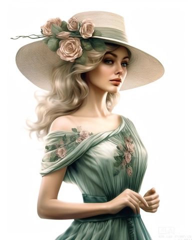 detailed beautiful lady facing side with vintage hat with sage roses dressed in a vintage dress, hyper realistic, 8k, isolated on white backgorund, clipart