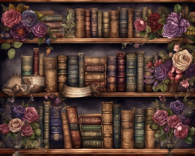 Royal Steampunk ClipArt, background paper, wall paper style, library, rows of books and wooden bookcases, roses, Watercolor Steampunk PNG, Victorian Clipart, Fantasy Clipart, deep purple