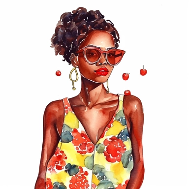 a watercolor fashion illustration on a white background of clipart of a girl with dark skin wearing a cherry print dress and yellow glasses. The dress should feature a lively pattern of bright red cherries on a white background, perfectly complementing the girl's vibrant style. Her hair should be styled in a curly afro, radiating confidence and individuality. Embrace a colorful and summery aesthetic, capturing the essence of warmth and fashion-forward attitude. The final image should be a full b