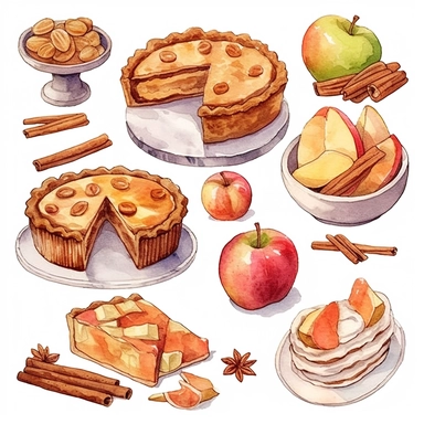 a watercolor clipart featuring a variety of Thanksgiving pies, such as pumpkin, apple, pecan, and sweet potato, cliparts,watercolor illustration, white background for removing background