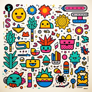 90s clipart design, Comic Sans, floral patterns, geometric shapes, lively colors, and even Nickelodeon-inspired illustrations