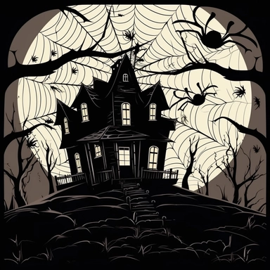 a haunted house, sihouettes of trees, spider webs and black spiders, clipart, cartoon style--q2--v5.1--1000