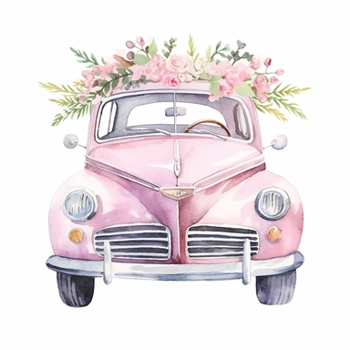 watercolour wedding car, clipart on white background, highly detailed, professional color gradation, clean sharpness