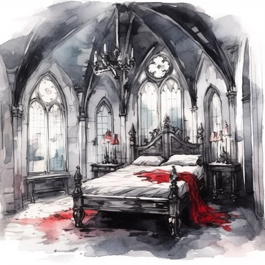 Gothic style bedroom with watercolor effect, suitable for digital clipart, white background, gothic scene, gothic colors, gothic tools, gothic roses, skull, dark scene