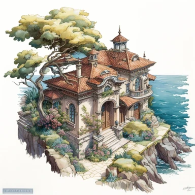 A rich color watercolored pencil painting of a seaside Mediterranean home in the style of Octopath Traveler, clean lines, intricate details, realistic, clipart, white background, png,