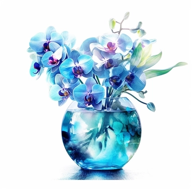 Beautiful vivid watercolor blue orchids, fancy round glass vase, creative décor, illuminated with the sun’s rays, isolated white background, clipart, hd quality