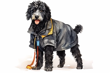 Watercolor Clipart of a black bernadoodle dog, wearing clothes, full body, in action, key visual, white background, vibrant, lowbrow surrealism, detailed, 8k, high resolution, in the style of jon klassen and charley Harper and Oliver Jeffers and egon schiele,