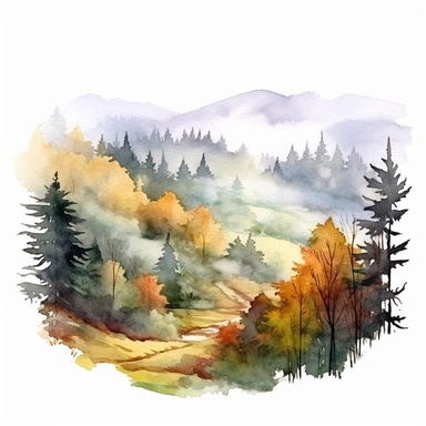 a misty autumn morning in a fog-filled valley with trees peeking through, clipart, watercolor, white background