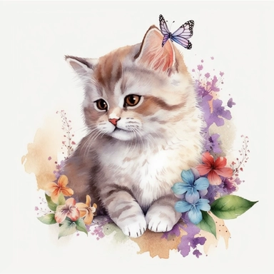 cute baby furry cat with flowers, artistic watercolor clipart, white background, detailed, vibrant, high quality, high definition, 8k