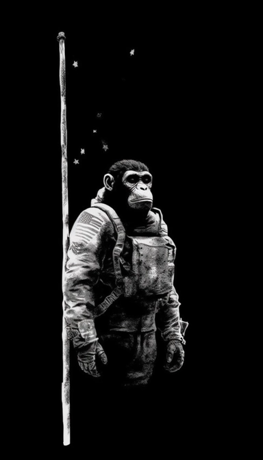 American flag background, Space Monkey black and white, silhouette, minimalist clip art by Mr. Brainwash