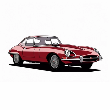in clipart style, vector image, A meticulously crafted illustration of a 1975 Regency Red Jaguar E-Type Series III , highlighting its iconic design and graceful contours, placed against pure white background (style: evoking the accuracy and refinement of classic automobile blueprints) (lighting: deliberate, directional lighting) (colors: an elegant palette for the car's body set against a pristine, white backdrop) (composition: captured from a side view or three-quarter angle using a 35mm lense 