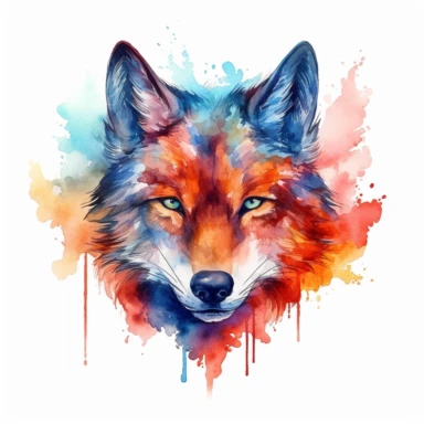 A wolf's head or a full-body image, symbolizing strength, courage, and leadership, fire, watercolor art, clipart