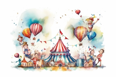 Watercolor, Generate a magical circus with balloons transforming into acrobats and performers. clipart, hd, on a white background, spaced out