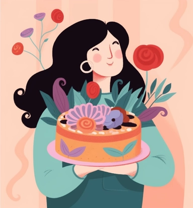lady with flower bouquet and cake clipart, in the style of relatable personality, thick paint, animated gifs, patrick dougherty, chiara bautista, wayne thiebaud, romantic emotivity