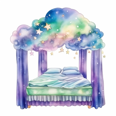 cartoon fairy bed, floating on clouds, glowing lights stars and sparkles, colors of green purple gold and blue, glamorous realistic and detailed, watercolor, white background with margins, clipart style