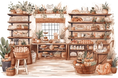 illustrate a bakery, cottagecore, clipart hd, white background, spaced out,